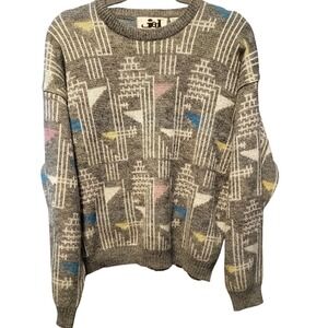JED Vintage 80s Geometric Pattern Grandpacore Crew Neck Sweater Men's Large